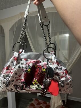 Ed Hardy White and Red Heart-Embellished Shoulder Bag